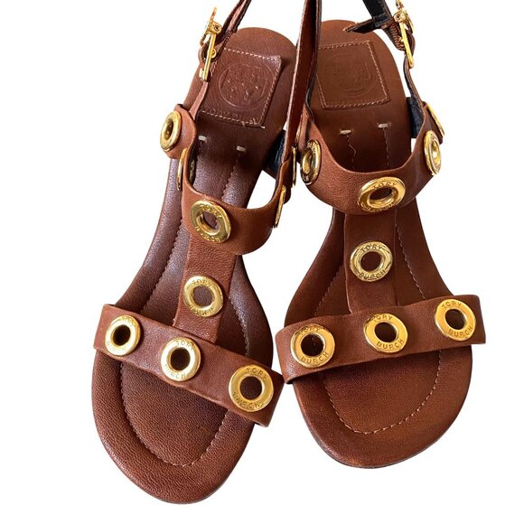 Tory Burch Kathryn Brown Leather Gold Grommet Wedge Sandals Sz 8.5 Designer Luxu - Picture 2 of 15